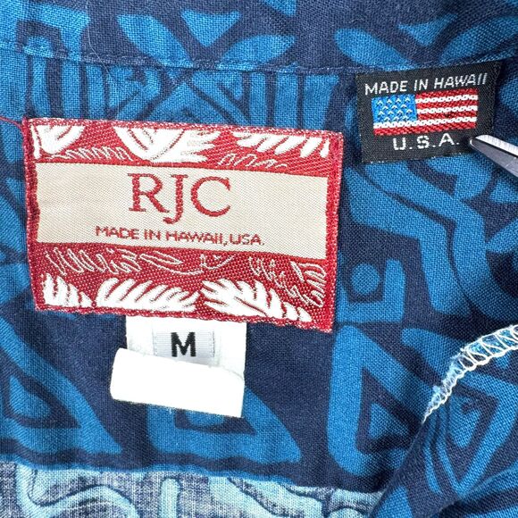 RJC Hawaii Aloha Shirt Mens Medium Blue Surfboard Tiki Floral Camp Button Up - Picture 5 of 9